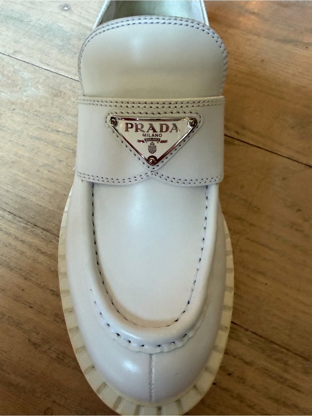Authentic Prada Triangle White Leather Loafers - Picture 9 of 16